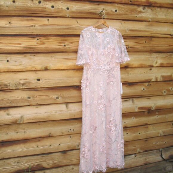 MAC DUGGAL 68810 Pink Flutter Sleeve Floral Embroidered Net Gown Dress - Picture 6 of 13